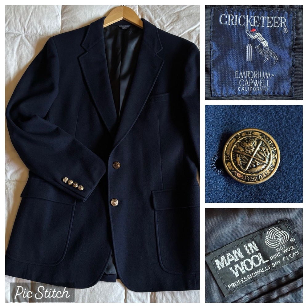 Vtg Cricketeer 100% Wool Blazer Jacket Mens 40L Navy Gold Crest USA Ivy Trad EUC
